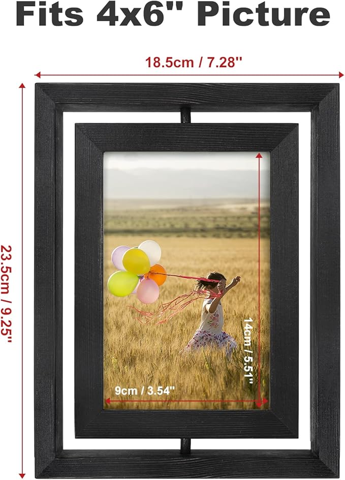 Egofine 2 Pack 4x6 Rotating Floating Picture Frames,Double-Sided Display with HD Glass Front Wooden Distressed Frame for Vertical or Horizontal Tabletop Display, Black