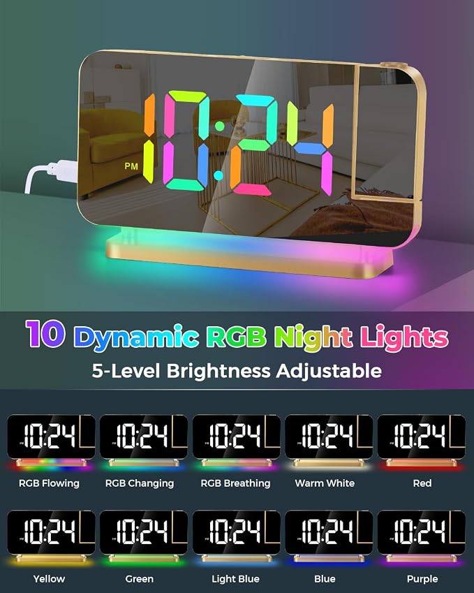SZELAM Projection Alarm Clock, 7.4 in Digital Mirror Clocks,with 180° Rotatable Projector, RGB Night Light,USB C Charger Port, Auto Dimmer, LED Desk Clock for Bedroom - Image 4