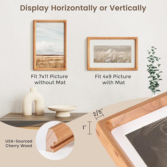 7x11 Picture Frame, USA-Sourced Cherry Wood Photo Frames with HD Tempered Glass, Handcrafted Rounded Corner 7 x 11 Wooden Frame Matted to 4x9 Photos, 7x11 Frames, Tabletop or Wall Display