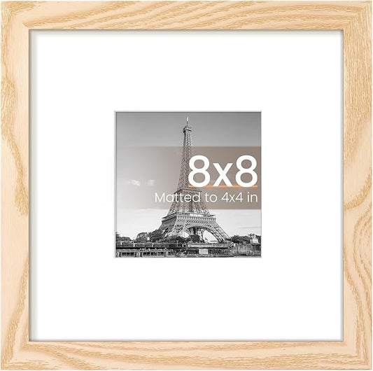 upsimples 8x8 Picture Frame, Display Pictures 4x4 with Mat or 8 x 8 Without, Wall Hanging Photo Frames, Natural, 1 Pack