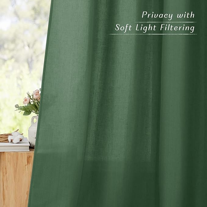 NICETOWN Linen Curtains for Windows 90 inch Long, Grommet Semi Sheer Vertical Drapes Privacy Added with Light Filtering for Doorway/Living Room, Olive Green, W42 x L90, 2 Pieces