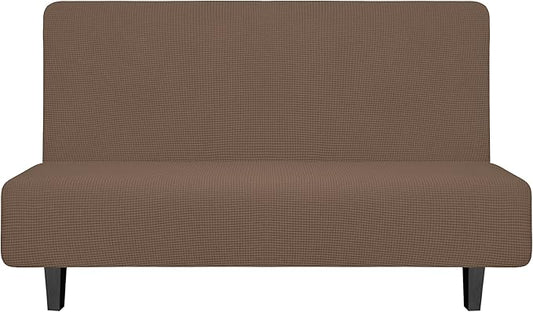 Easy-Going Stretch Futon Slipcover Armless Futon Bed Cover Furniture Protector Without Armrests with Elastic Bottom for Kids, Soft Jacquard Fabric Small Checks (Medium, Brown)