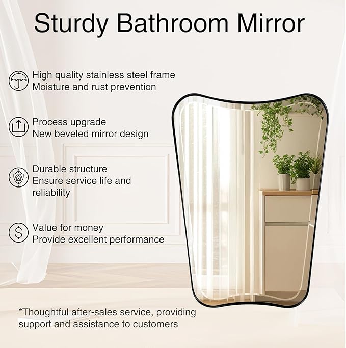 POZINO Irregular Beveled Mirror, 24"x40" Bathroom Vanity Mirrors for Over Sink, Butterfly Shape Aesthetic Mirrors Decorative, Matte Black Modern Wall Mirror for Living Room Bedroom Fireplace Entryway