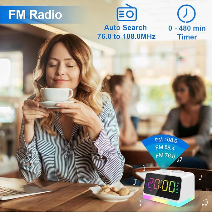 JALL Digital Alarm Clock with FM Radio for Bedroom, 8 Colors Night Light with 2 Charging Port, Sleep Sound Machines with Timer, Dual Alarm, Loud Alarm and Easy to Use for Seniors as Gift - Image 3