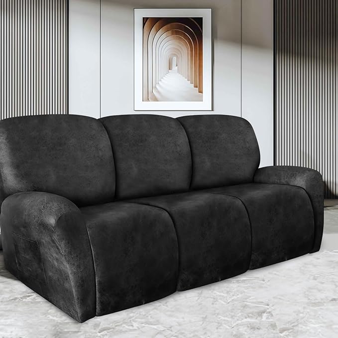 ANARACHON Recliner Couch Cover Leather Look Recliner Sofa Covers for 3 Cushion Reclining Sofa Slipcovers 8-Pieces Furniture Protector Spandex Fabric Washable (3 Seater, 02 Dark Gray)