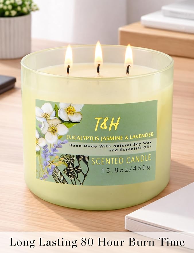 Eucalyptus Jasmine Lavender Scented Candle | 3 Wick Large Soy Candles for Home 15.8oz | Calming Spa Aromatherapy Candle | Strong Scent Long Lasting Clean Burn | Stress Relief Gift for Women & Men