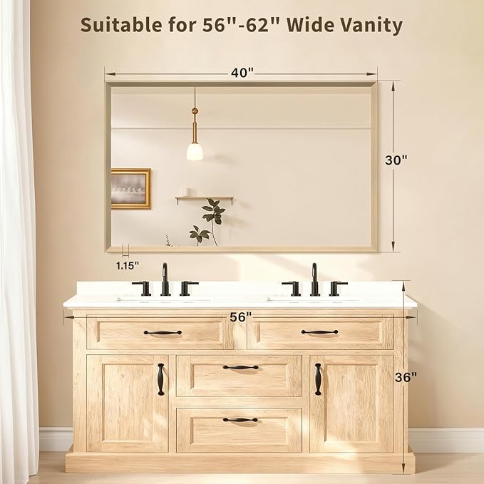 Oak Wood Effect Framed Wall Mirror, 30x48 Rectangle Mirror, Anti-desilvering Tempered Glass, Sustainable& Sturdy Frame, Farmhouse Mirror, Anti-Rust, 3min Fast Setup for Bathroom Living Room