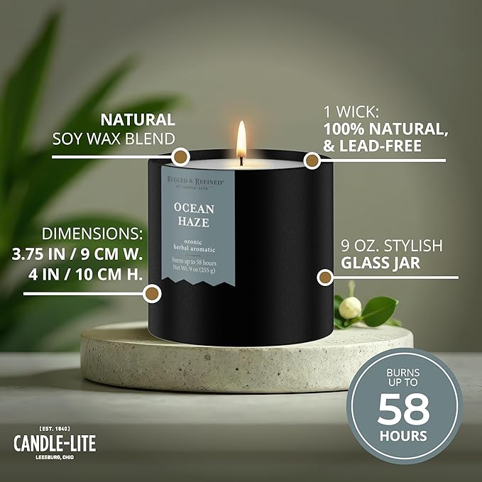 Candle-lite Rugged & Refined Scented Candle for Men, Ocean Haze, 9 oz Tin, Poured in The USA, Masculine Fragrance, 1-Wick, 58 Hours of Burn Time, Ideal Gift for Man in Your Life & Father's Day