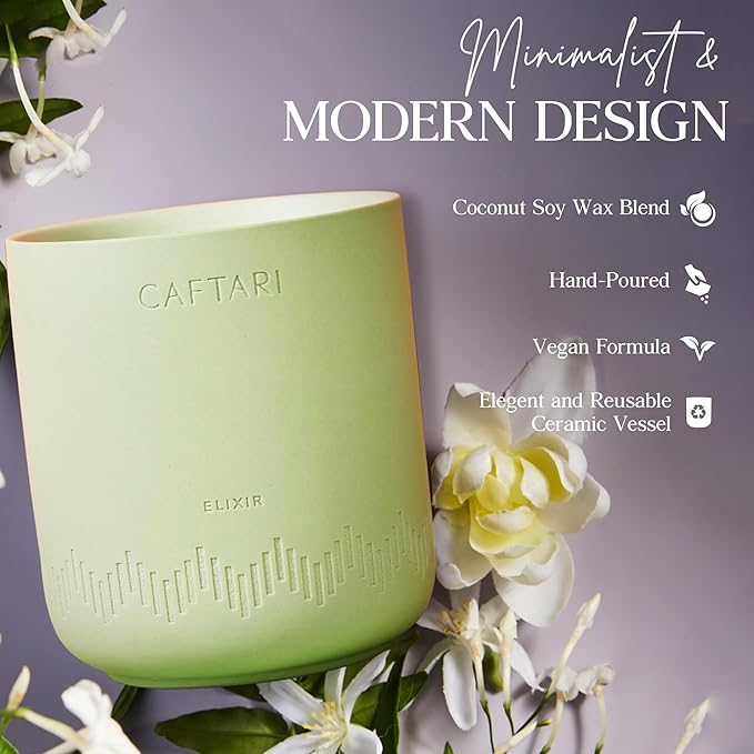 CAFTARI Luxury Aromatherapy Candle | Bergamot, Mandarin & Tea Accord Scented | 60 Hour Burn | Clean Coconut Soy Wax | Vegan, Gift-Ready Candle for Uplifted Mood, Energy & Home Spa Feel | Elixir