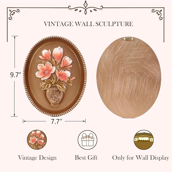 SIKOO Vintage Wall Sculptures Bronze Gold Magnolia Flower Wall Art Hand Painted Ornate Wall Hanging Decoration Antique Pediment Wall Statue Ornament Decor Gallery for Kitchen Bedroom Living Room