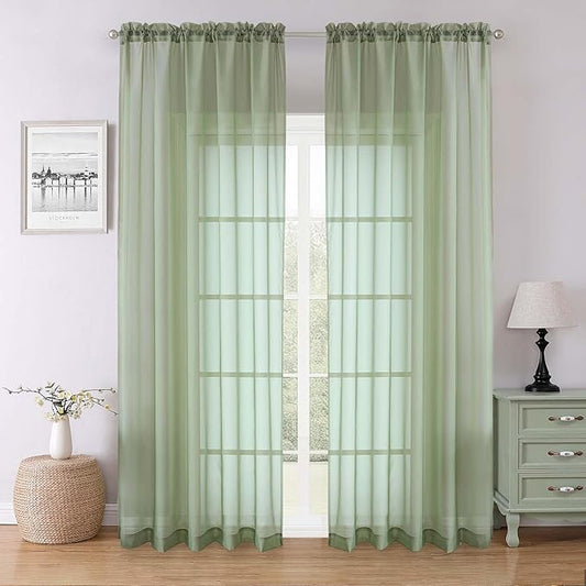 Lecloud Sage Green Sheer Curtains 90 Inches Long 2 Panels, Light Filtering Airy Voile Curtain Drapes, Dual Rod Pocket Extra Wide Elegant Window Treatments for Living Room Bedroom, 59" W x 90" L