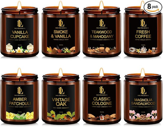 8 Pack Candles for Home Scented, Scented Candles Gifts Set for Women Men, 56 oz Soy Candle Set, Scents of Teakwood/Smoke Vanilla/Cologne/Coffee/Patchouli/Oak/Sandalwood/Cupcake