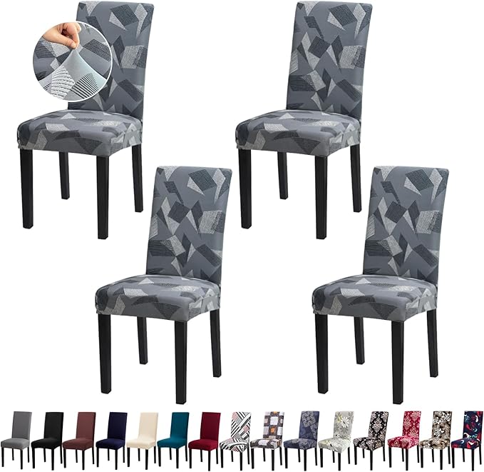 Chair Covers for Dining Room Set of 4, Dining Chair Covers, Kitchen Chair Covers, Stretch Removable Washable Dining Chair Slipcovers for Home, Hotel, Banquet, Grey Irregular Shapes