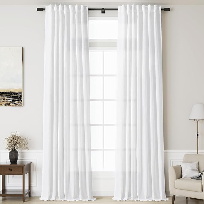 Nanspring White Linen Curtains 168 Inches Long Back Tab Extra Long Curtains for Living Room Farmhouse Light Filtering Semi Sheer Linen Drapes Ceiling to Floor for Large Window 2 Panels Set 52x168
