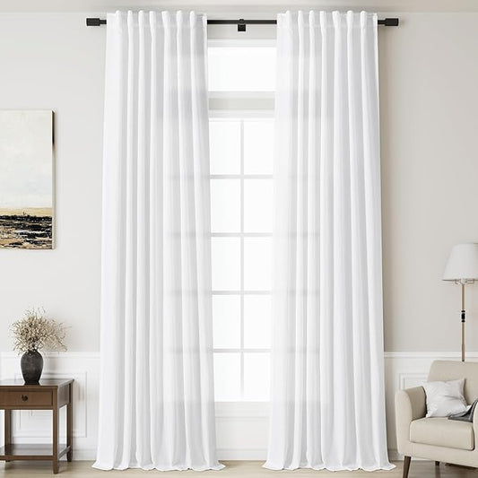 Nanspring Extra Long Linen Curtains 136 Inches Long for Dinning Room 2 Panels Set White Back Tab Rod Pocket Light Filtering Semi Sheer Drapes Linen Textured Window Curtain for Bedroom 52x136