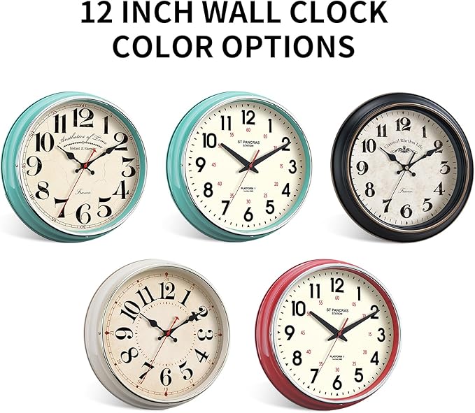 Wall Clock Metal 12.4" Countryside Style Wall Clocks Retro Vintage Classical Silent Non Ticking Easy to Read for Living Room/Kitchen/Bedroom/Office/Bar(12.4" Red)