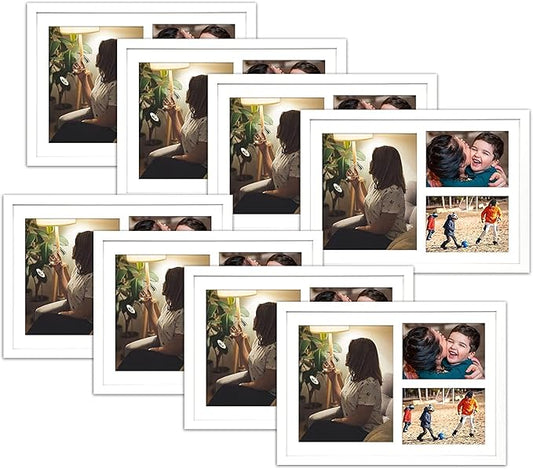 Golden State Art, Set of 8, 12x17 White Wood Picture Frame - White Mat for 8x10 And 5x7 Photos - Tempered Glass, Sawtooth Hanger, Swivel Tabs - Wall Mounting - Great for Gift