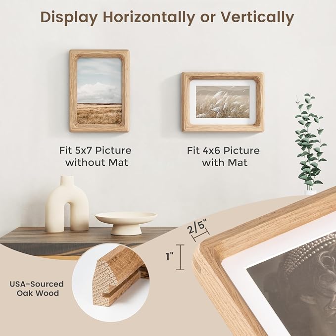 5x7 Picture Frame Set of 2, USA-Sourced Oak Wood Photo Frame with HD Tempered Glass, Handcrafted Rounded Corner 5 x 7 Wooden Frames Matted to 4x6 Photos, 5x7 Frames, Tabletop or Wall Display