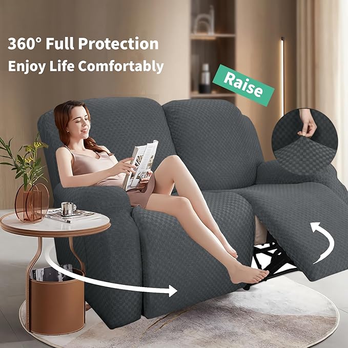 YEMYHOM 6 Pieces Stretch Loveseat Recliner Slipcover Jacquard Recliner Sofa Cover with Side Pocket Fitted Recliner Cover Couch Furniture Protector with Elastic Bottom (Loveseat Recliner, Dark Gray)