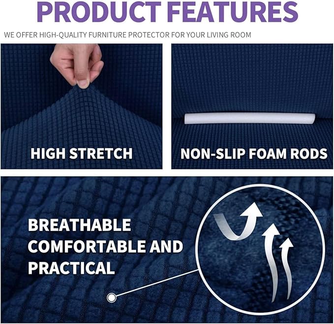 ZNSAYOTX Super Stretch Couch Cover Love Seat Sofa Covers for Living Room Dogs Pet Friendly Furniture Protector Spandex Loveseat Slipcovers with Anti Slip Foam Sticks (Navy Blue, Loveseat)