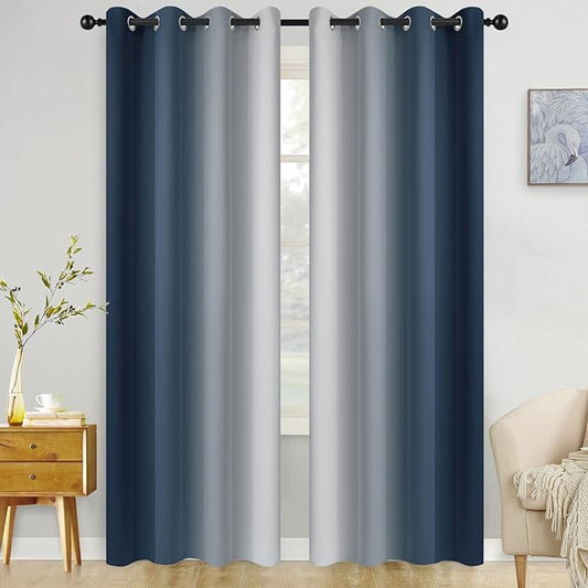COSVIYA Curtains & Drapes Ombre Navy Blue Curtains 96 inch Length 2 Panels, Grommet Room Darkening Light Blocking Insulated Thermal Gradient Window Curtain for Bedroom/Living Room,52x96 inches