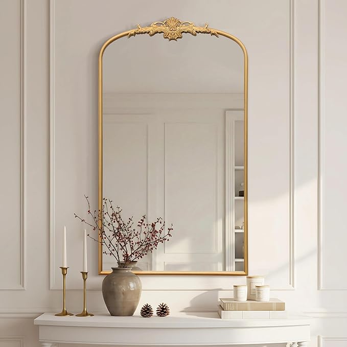 Besdomus Large Vintage Arched Mirror: 24"x42" French Arch Gleaming Gold Antique Wall Mounted Mirror - Traditional Ornate Metal Framed for Entryway/Fireplace/Bathroom - Idea for Trendy Fashionistas