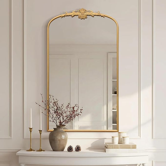 Besdomus Large Vintage Arched Mirror: 24"x42" French Arch Gleaming Gold Antique Wall Mounted Mirror - Traditional Ornate Metal Framed for Entryway/Fireplace/Bathroom - Idea for Trendy Fashionistas