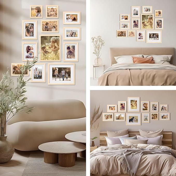 Egofine Picture Frame Set 12 Pack, Picture Frames Collage Wall Decor with Two 8x10, Four 5x7, Four 4x6, Two 4x4 for Wall and Tabletop, Made of Solid Wood, Covered by Plexiglass, Natural Wood