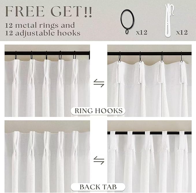 Beige White Pinch Pleated Linen Curtains 96 Inches Long 60 Inch Width Linen Blend Light Filtering Window Curtains 96 Inch for Living Room Bedroom Patio Pinch Pleat Drapes Hooks Rings 1 Panel 60Wx96L