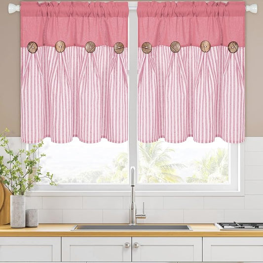 ASPMIZ Linen Kitchen Curtains 24 Inch Length, Farmhouse Boho Button Kitchen Window Curtain Over Sink, Pink Striped Short Curtains for Small Windows, Bathroom, Rod Pocket Window Treatment Tiers