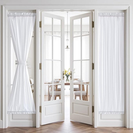 MIULEE Non-See-Through French Door Curtains for Front Door, Privacy Light Filtering Semi Sheer Curtains for Decoration, Window Drapes with Rod Pocket and Tie Back, White, 26 x 80 inches, 2 Panels