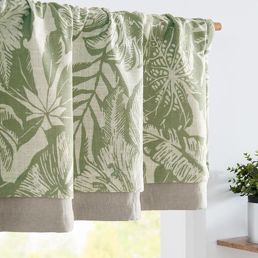 jinchan Linen Curtain Kitchen Valance for Windows Tropical Leaf Printed Valance for Living Room Bathroom Bedroom Blackout Country Farmhouse Kitchen Curtain 16 Inch Rod Pocket 1 Panel Green on Beige