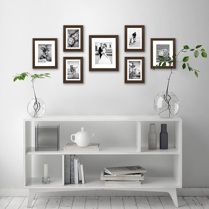 Americanflat Set of 7 Picture Frames with Shatter-Resistant Glass - Gallery Wall Frame Set with One 11x14, Two 8x10 and Four 5x7 Frames - Signature Collection - Walnut