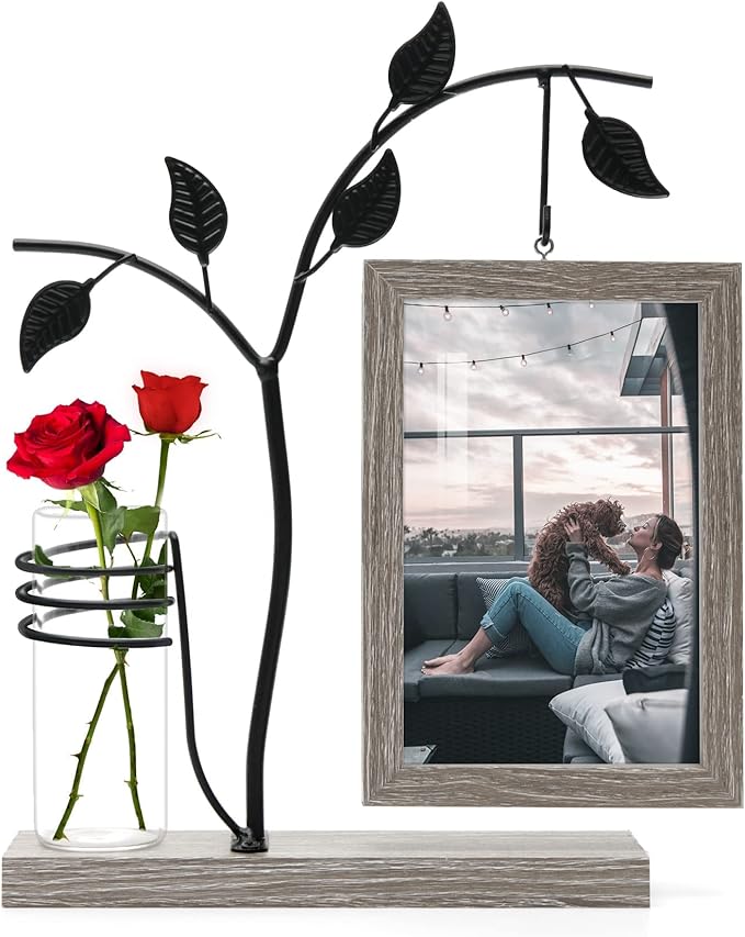 Sapowerntus 4x6 Picture Frames Family Desk Office Rustic Photo Frame, Water Plants Flowers Floating Double Glass Vase Tabletop Standing Home Decor, Wedding Grandma Mother Mom Gift