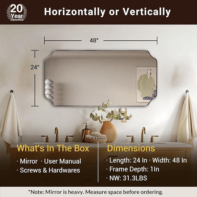 ANDY STAR 24x48 Inch Bathroom Mirror, Brushed Nickel Rectangle Mirror, Scalloped Mirror for Bathroom Sink, Rust-Poof Stainless Steel Thin Frame, Rounded Notched Corners Design