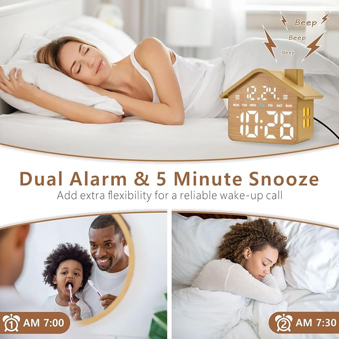 Plumeet Wooden Digital Alarm Clock, Bedroom Clock with Large Numbers, Date, Week, Dual Alarms, Dimmer and Ambient Light, House-Shaped Electric Bedside Desk Clock, Adapter Batteries Powered - Image 4