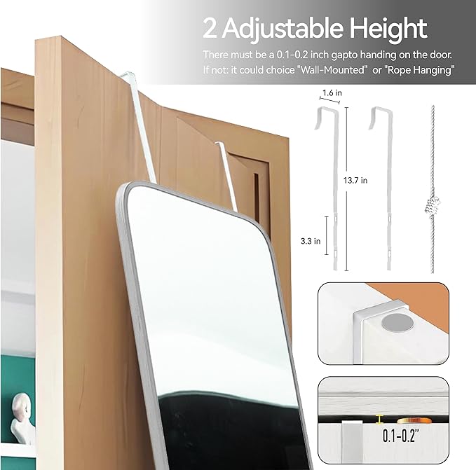 SCWF-GZ 57x20 Door Hanging Full Length Mirror, Floor (Height 5.7ft just Body in 1.3ft) or Wall Mounted Metal Frame Rectangle Dressing Mirrors for Bedroom Bathroom Living Room 57 inch Silver
