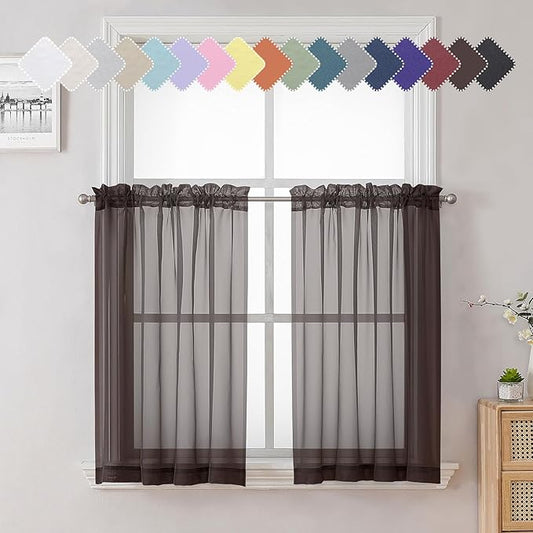 Lecloud Chocolate Sheer Curtains 36 Inch Length 2 Panels, Solid Voile Small Window Kitchen Curtains, Dual Rod Pocket Airy Gauzy Tiers for Bedroom, Each Panel 42 X 36 Inch