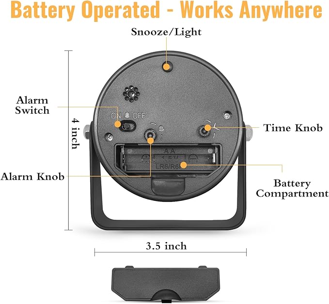 3.5 Inch Small Desk Alarm Clock, Battery Operated Analog Silent Clock with Night Light, Retro Vintage Metal Bedside Clock for Bedroom, Office, Bathroom, Dorm, Shelf, Table - Black