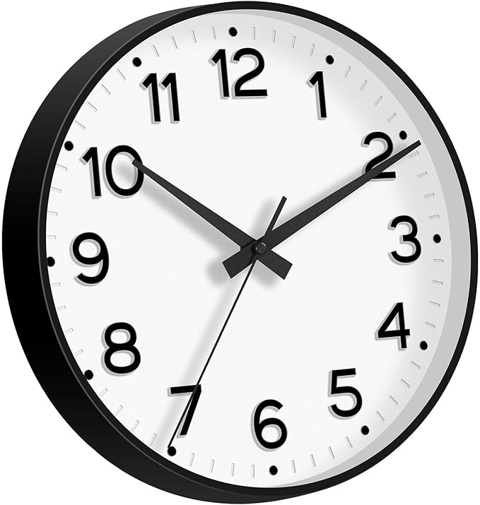 Wall Clock 12 Inch Silent Wall Clocks Battery Operated-Modern Non Ticking Analog Clock Decorative for Kitchen Bedroom Office (Black)