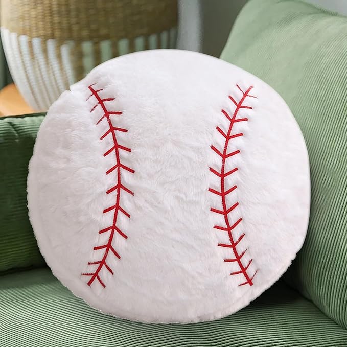 Baseball Pillow, Soft Fluffy Baseball Plush Pillow Round Stuffed Sports Throw Pillows, Baseball Shaped Decorative Throw Pillow for Sofa, Bedroom, Sports Room, Home Decor Gifts 15.7"