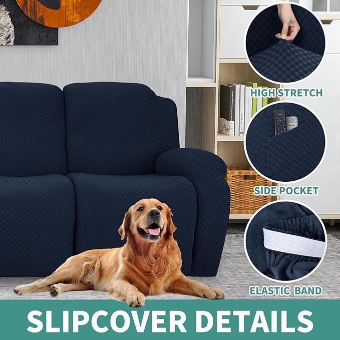 YEMYHOM 4 Pieces Stretch Recliner Slipcover Latest Jacquard Recliner Chair Cover with Side Pocket Anti-Slip Fitted Recliner Cover Couch Furniture Protector with Elastic Bottom (Recliner, Navy)