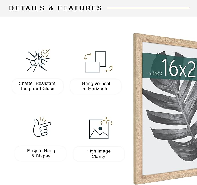 MCS Studio Gallery 16x20 Poster Frame Natural Woodgrain Engineered Wood, Vertical & Horizontal Wall Hanging Large Picture Frame for Photos, Posters & Art Prints (2-Pack)