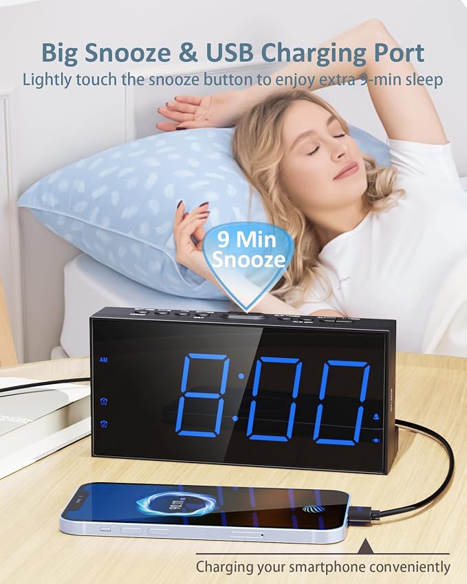 Alarm Clock with Bed Shaker, Vibrating Alarm Clock for Heavy Sleepers | Dual Alarms, 7.5’’ LED Display, Dimmer, USB Charging Port, Memory Function, Plug in Vibrator Clock for Hard of Hearing/Deaf - Image 5