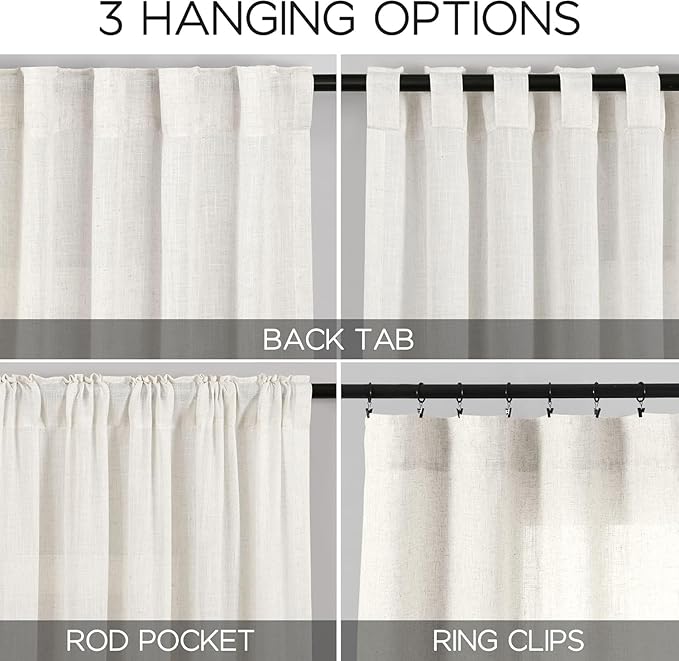 Nanspring 54 Inch Linen Curtains for Living Room Bedroom Semi Sheer Light Filtering Curtains Panels Back Tab and Rod Pocket Coastal Decor Neutral Curtain Drapes, 2 Panels 40 x 54 Inch