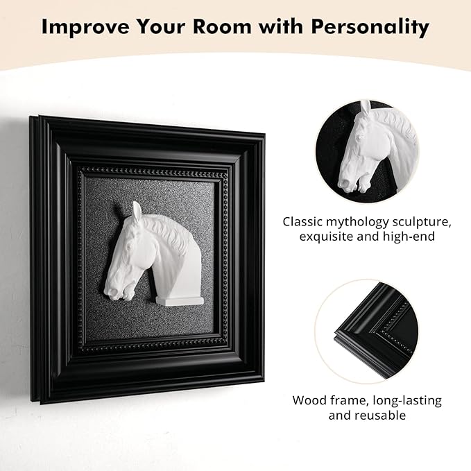 FOLKOR LIFE Black and White Framed Wall Art Sculpture for Home Vintage Decor, Horse Head Wall Decor Statue, Hanging Wall Plaque for Modern Farmhouse Living Room, Bedroom Decoration