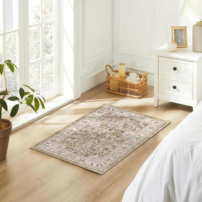 LOKHOM Washable Area Rug, 2x3 Non-Slip Hallway Rug Vintage Soft Small Kitchen Area Carpet, Boho Floral Faux Wool Door Mat Indoor Entrance Accent Throw Rugs for Bedroom Kitchen Laundry(Beige Brown)