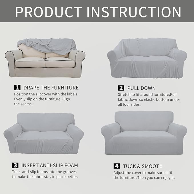 Easy-Going Stretch Oversized Sofa Slipcover 1-Piece Sofa Cover Furniture Protector Couch Soft with Elastic Bottom for Kids, Polyester Spandex Jacquard Fabric Small Checks Silver Gray