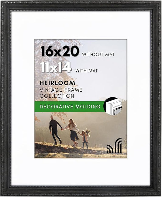 Americanflat 16x20 Picture Frame with Polished Plexiglass - Use as 11x14 Frame with Mat or Display 16x20 Photo Without Mat - Ornate Picture Frames for Wall Display - Black