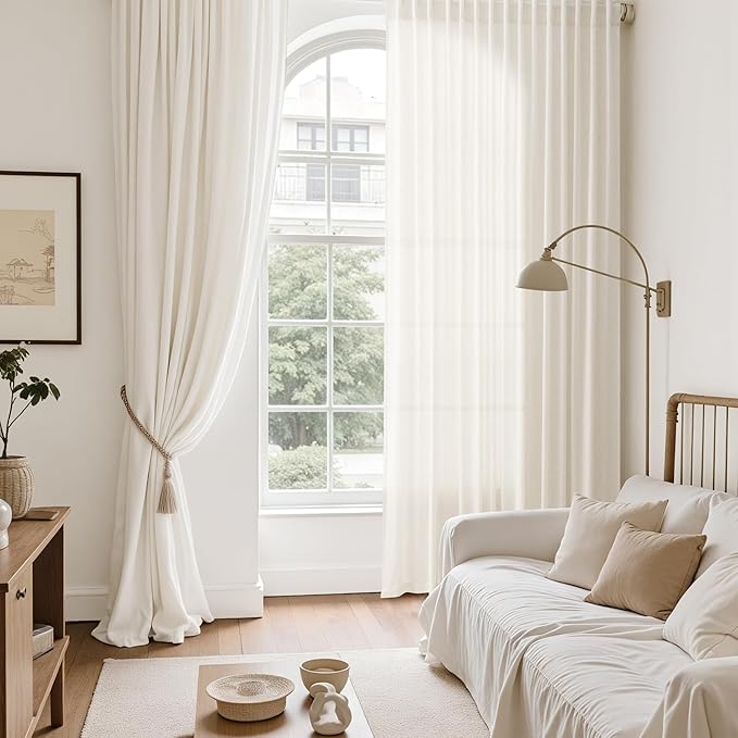 Nanspring Modern Linen Curtains 84 Inch Length 2 Panels Set for Living Room Light Filtering Semi Sheer Curtain Back Tab Neutral Luxury Modern Farmhouse Decor Linen Blend Drapes for Bedroom 52x84